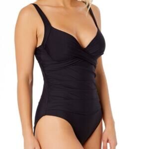 Anne Cole NWT drape front Black One-Piece Swimsuit 12 M L